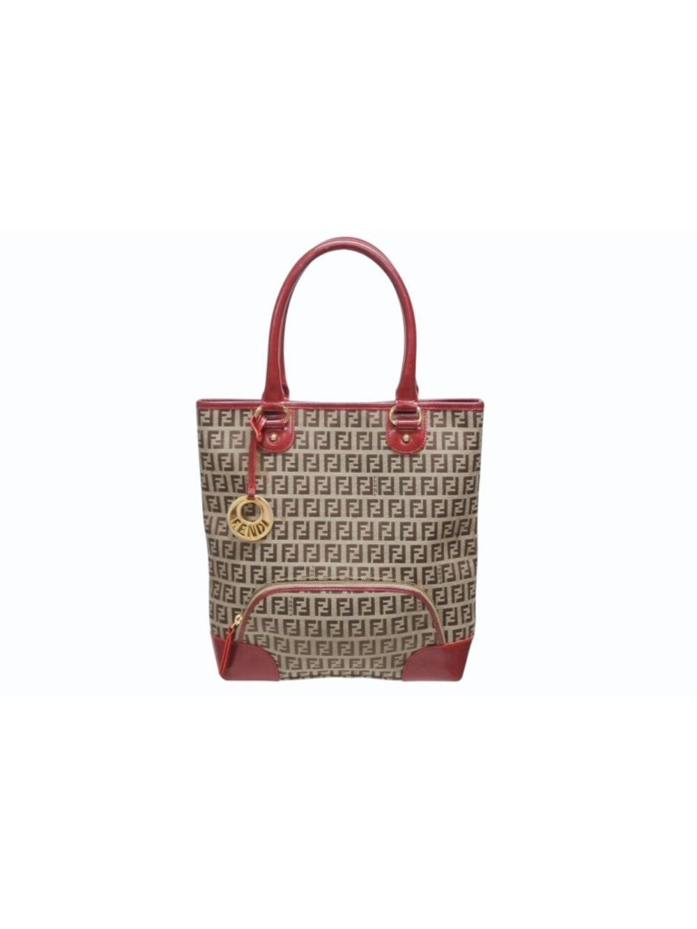 Fendi Zucchino Tote Bag Leather Canvas Beige Red Gold